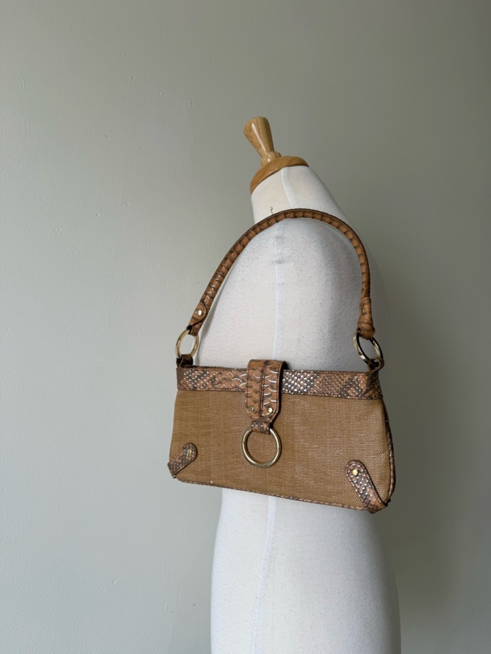 Liz Claiborne Canvas Shoulder Bag Brown Neutral Minimalist Gold Ring Detail